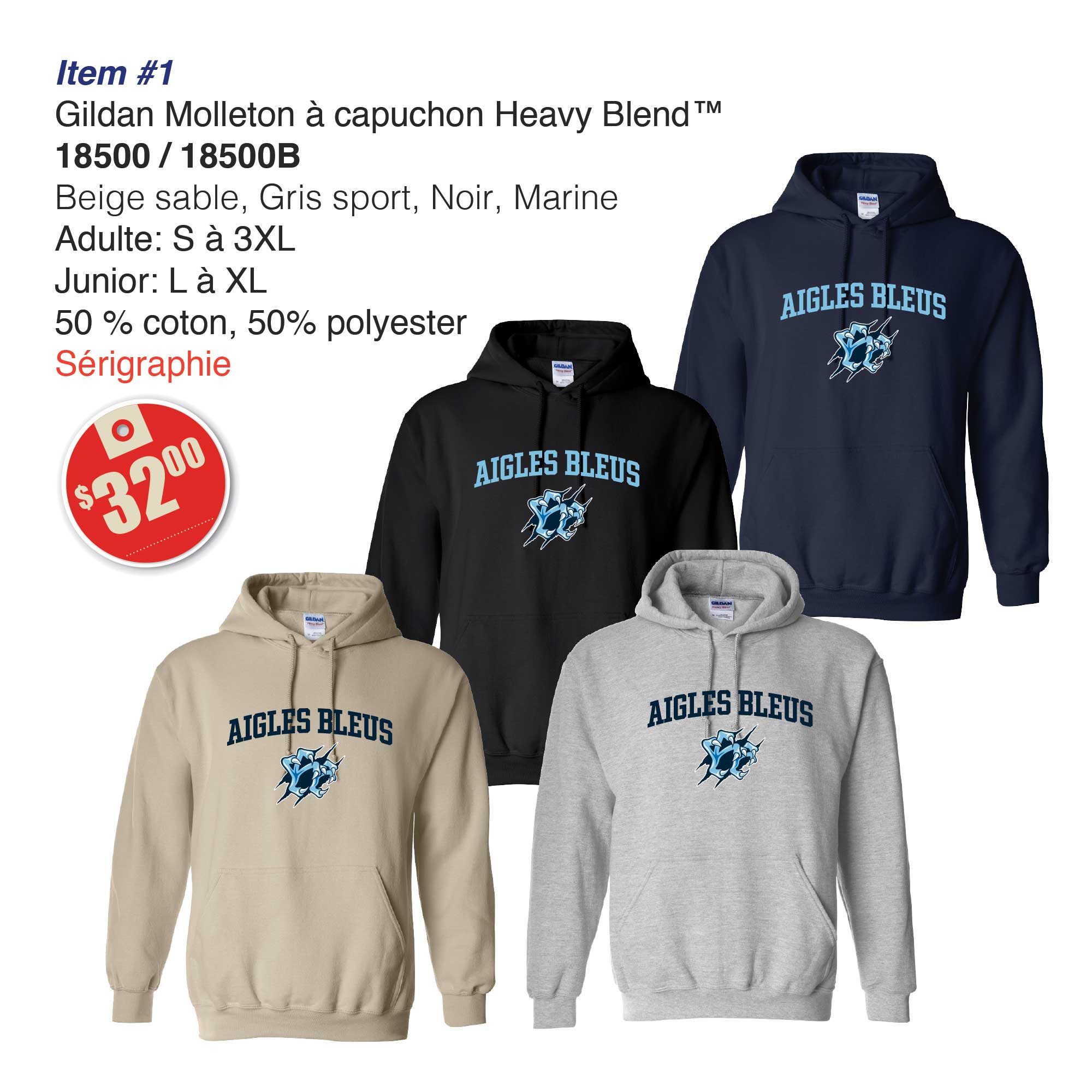 Item 01 Aigles Bleus Gildan Molleton à capuchon 18500 18500B 2026